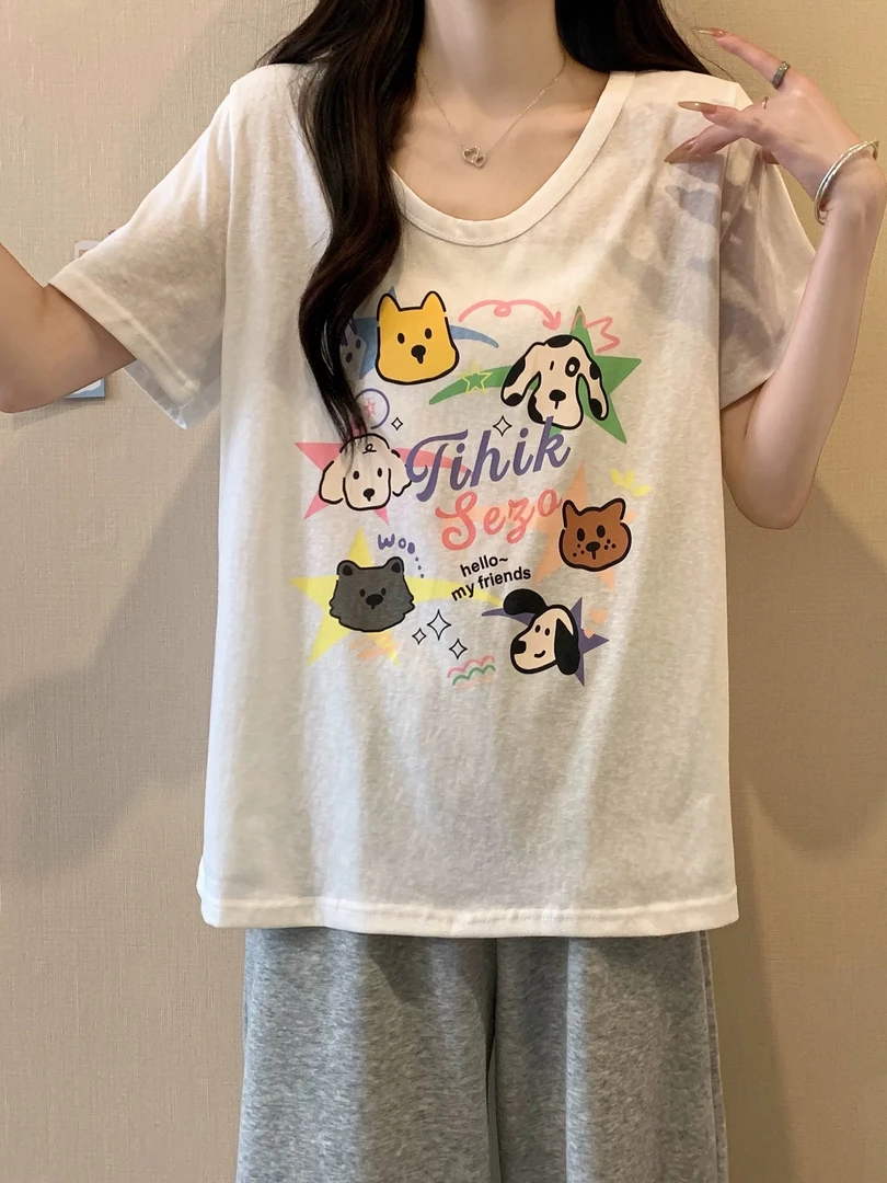 大码设计感卡通小狗印花短袖T恤女2025新款夏季胖MM宽松显瘦上衣