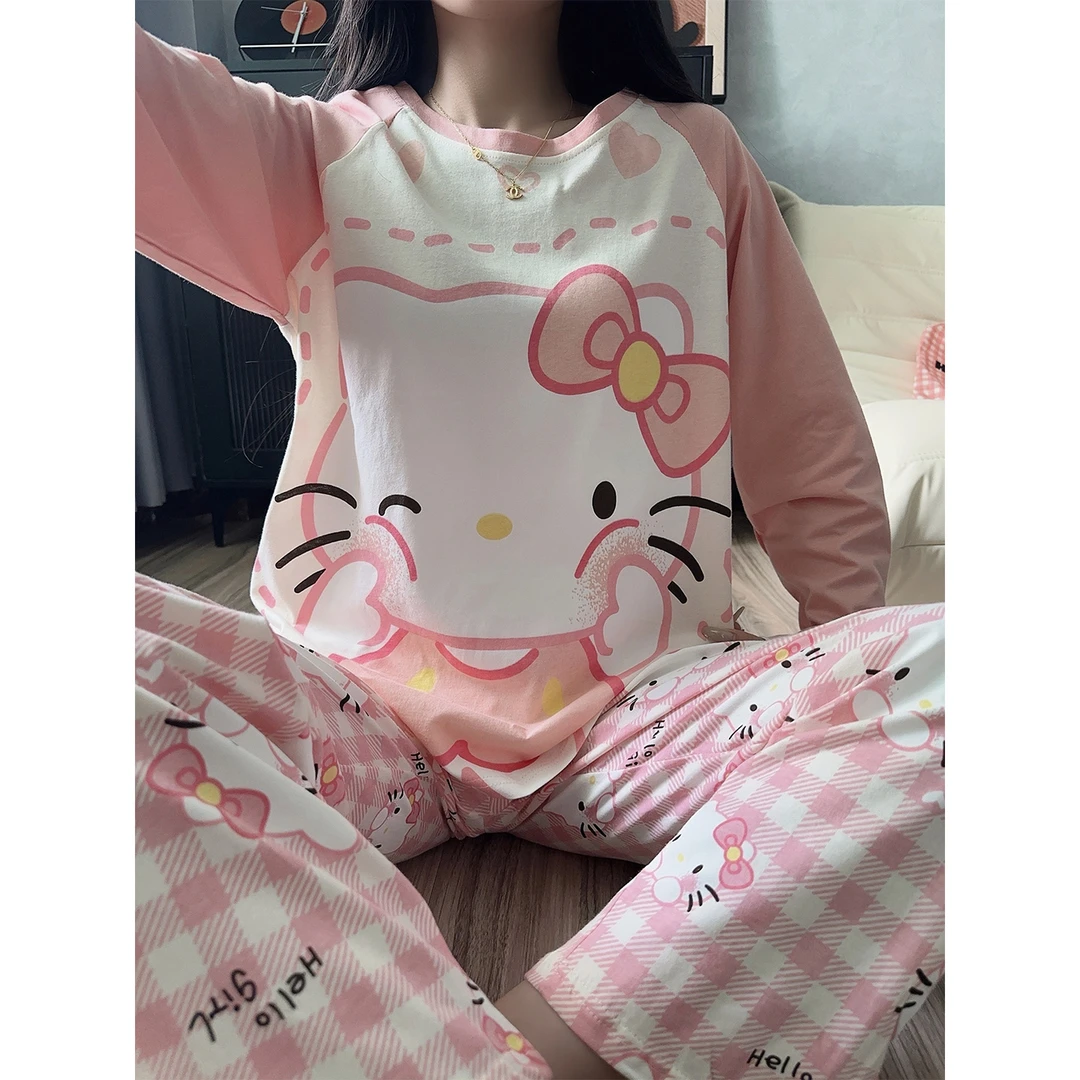 纯棉睡衣女长袖春秋季甜美卡通KT猫学生可外穿全棉家居服套装冬天