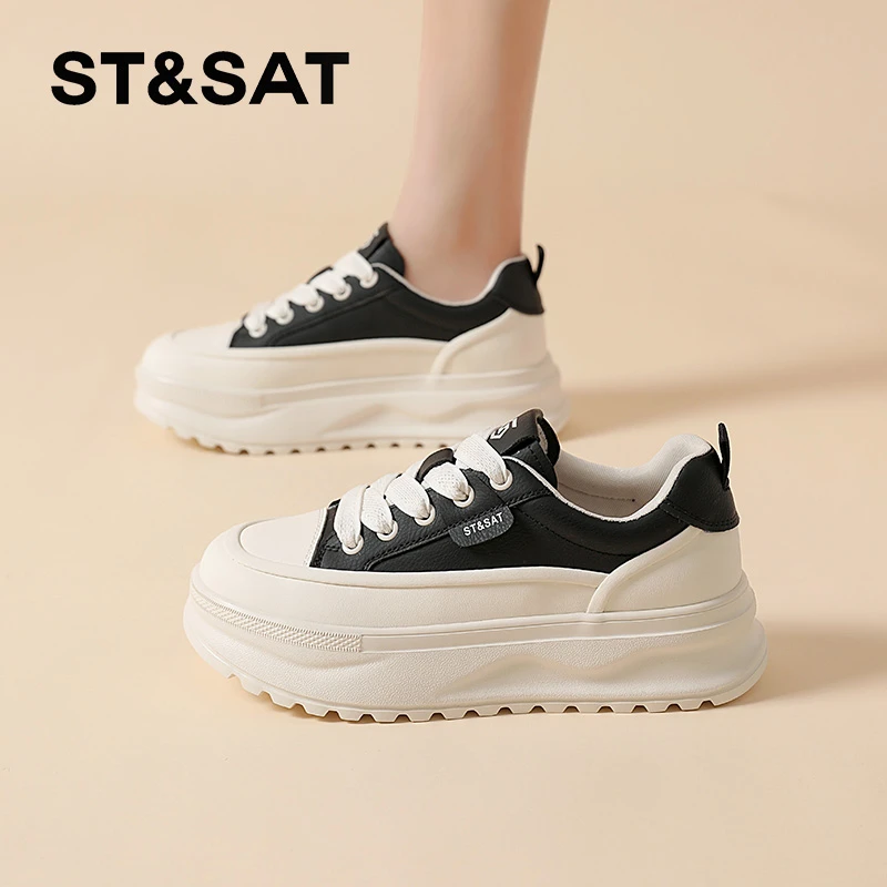 星期六黑色休闲板鞋女士2025新款春季运动鞋百搭复古厚底松糕女鞋