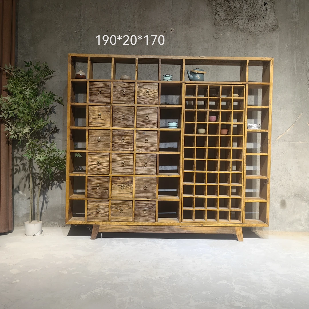 老榆木框架结构侘寂风推拉拆装储藏架