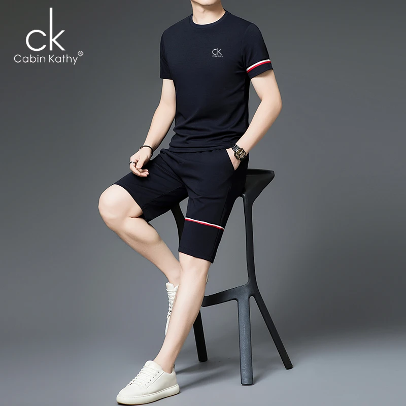 ck正品短袖t恤圆领男士夏季休闲运动套装薄款透气高档短裤两件套