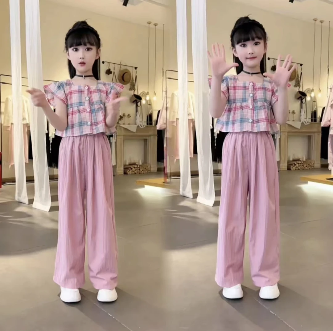 女童夏季套装格子衬衫2025新款甜美山本裤中大童女运动休闲两件套