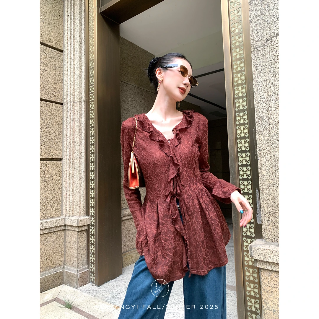 鹭青一原创【逢荔】法式绵羊毛蕾丝针织开衫女长袖上衣 L25V9023G