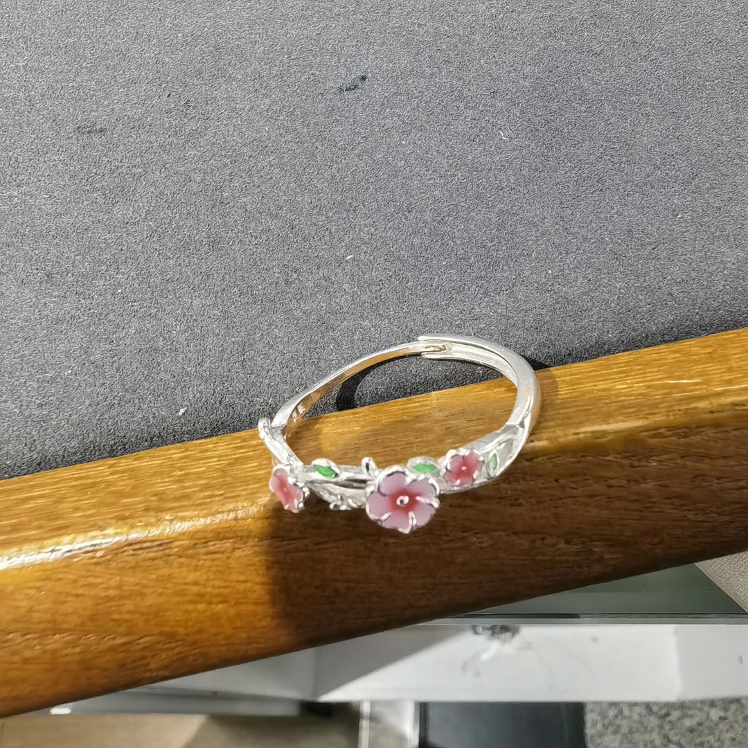 足银戒指 C474九两五粉色桃花戒指