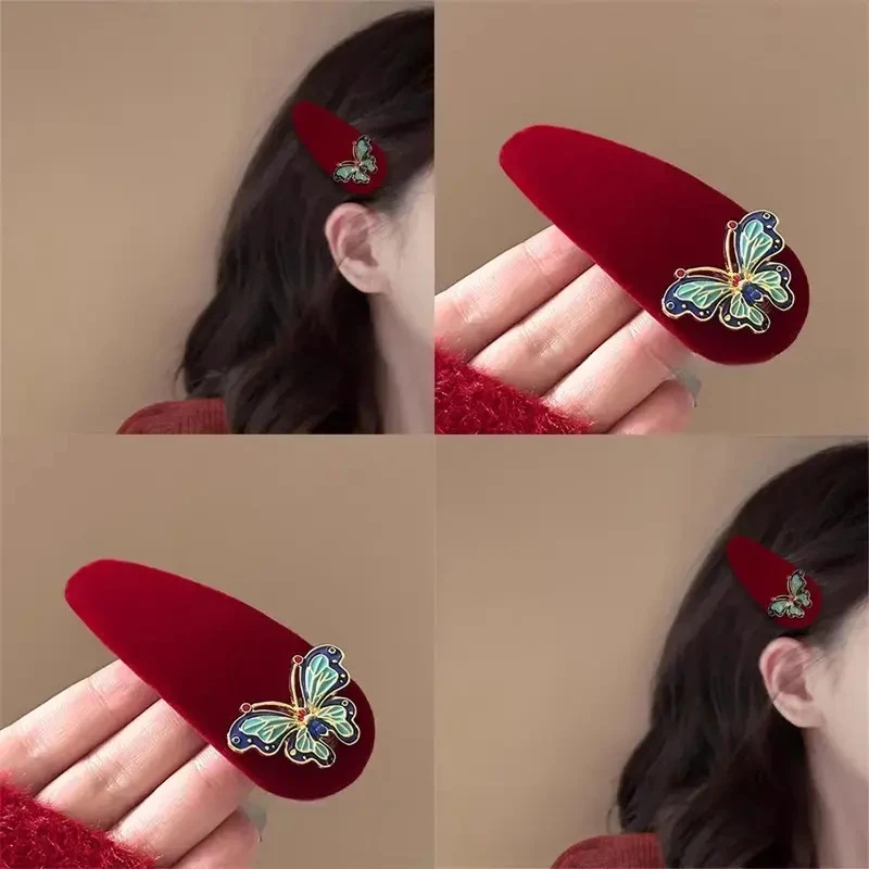 新中式植绒珐琅蝴蝶发夹红黑刘海夹新年发饰国风气质头饰BB夹发卡