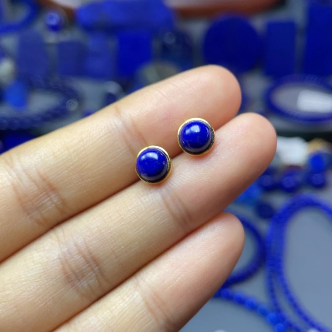 青金石银S925镀金镶嵌7mm耳饰