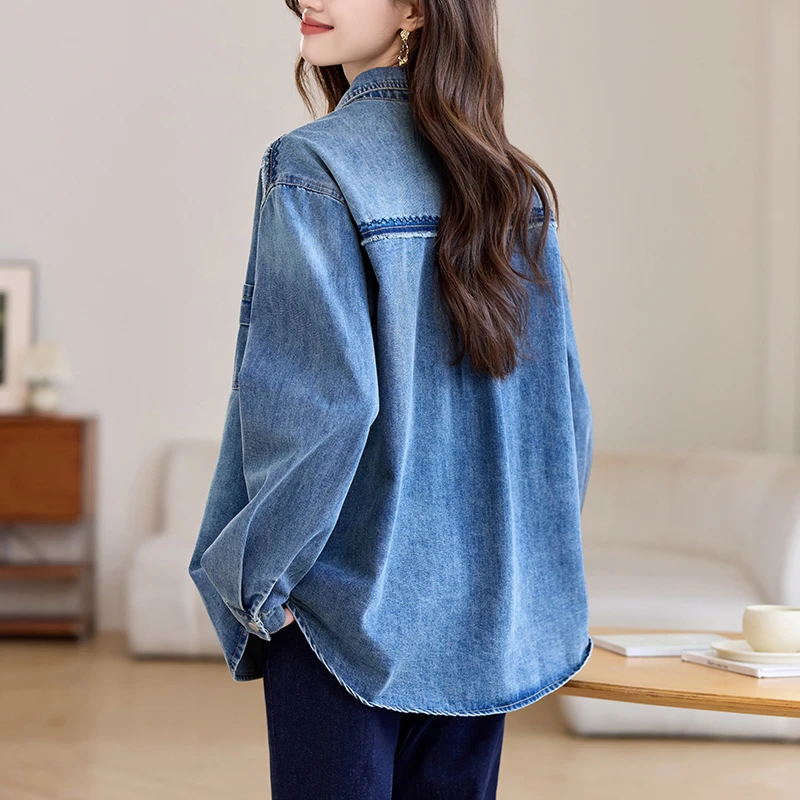 高端薄款牛仔外套女新款2025春秋季中长款气质叠穿POLO领衬衣衬衫