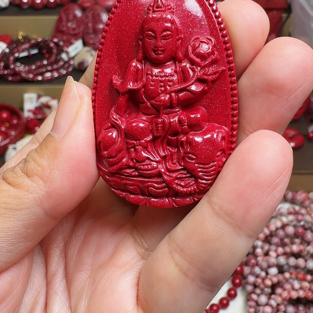 天然辰砂天然红金砂吊坠普贤