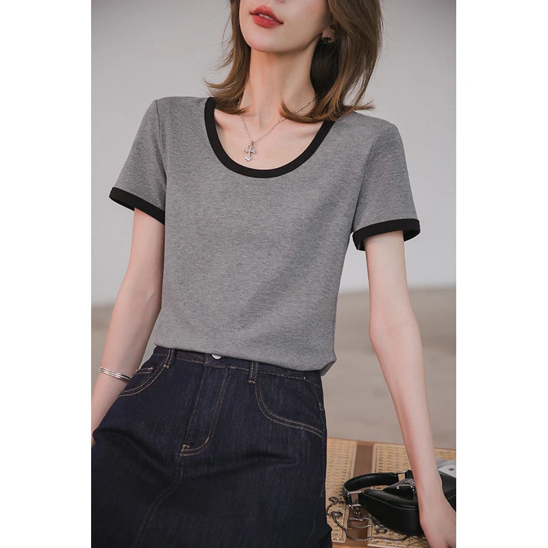 小谷粒ROW风T恤初夏新品 时尚百搭圆领宽松撞色u领格雷色上衣短袖