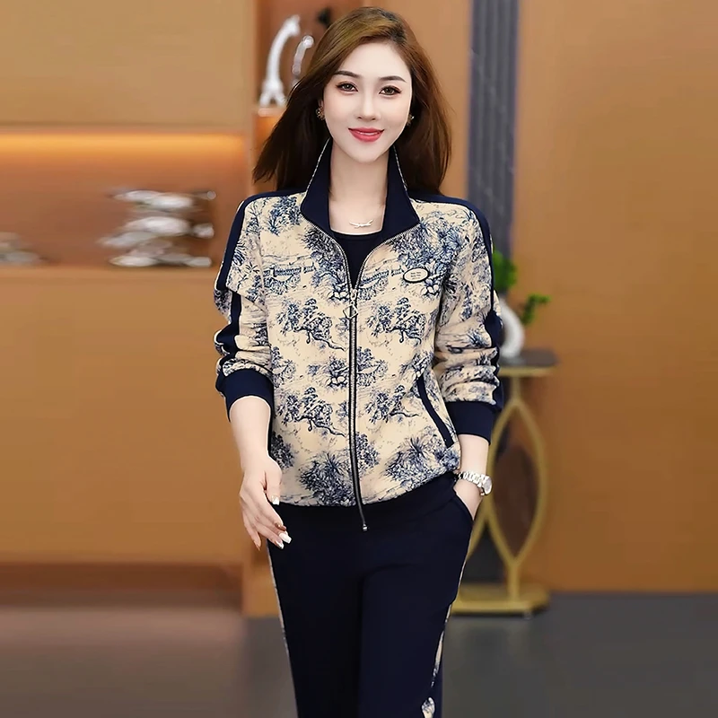 秋季运动套装女2024新款印花立领气质休闲时尚减龄韩版宽松两件套