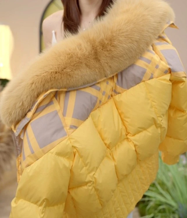 【XC】气质时尚保暖百搭保暖洋气鹅黄色大毛领女士羽绒服