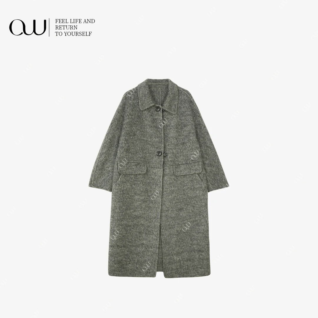 【老白不白】秋冬散口袖长款纯色厚款毛呢100羊毛呢大衣OW252DY001Z