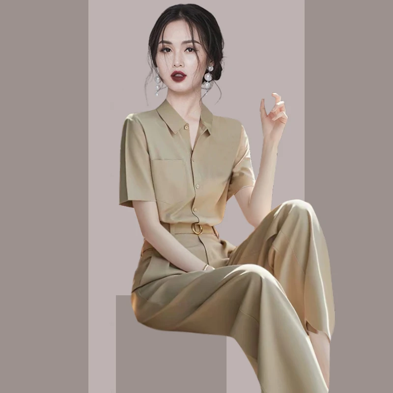 2025年夏季新款时髦时尚洋气显瘦遮肉卡其色衬衫裤子两件套装女装