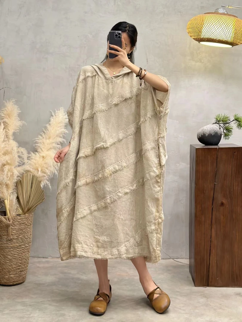 花璟与麻原创设计炒色做旧连帽拼接拉毛袍裙（衣长110胸围190）