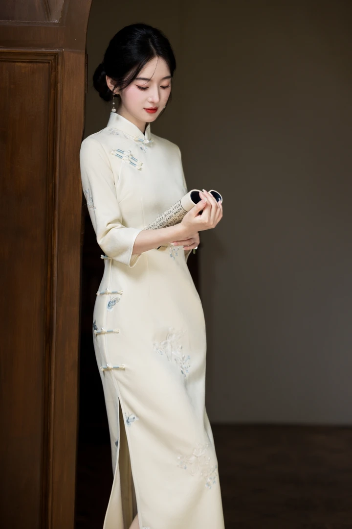 Q203 立领日常半圆襟新中式长袖旗袍气质冬季修身ins秋季