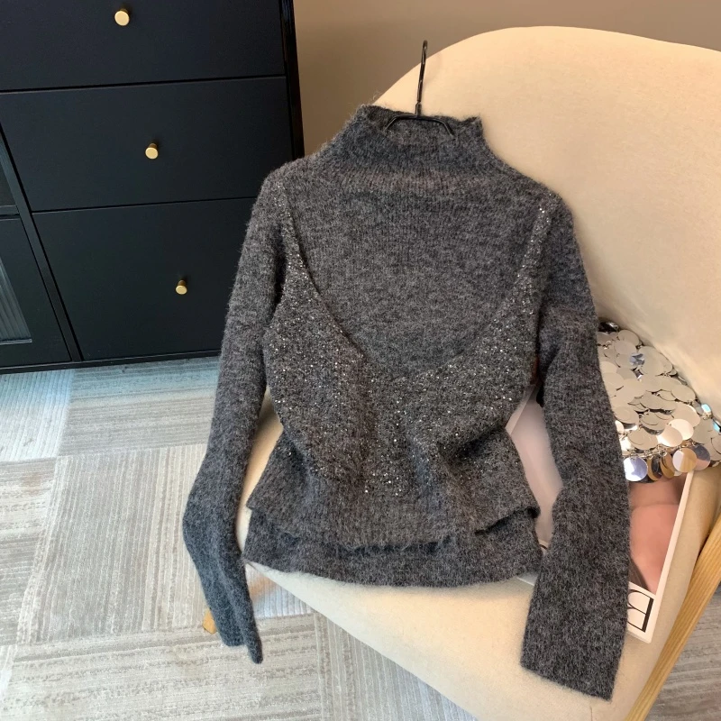 网红灰色亮片马甲拼接假两件针织衫秋冬穿搭软糯高领打底毛衣洋气