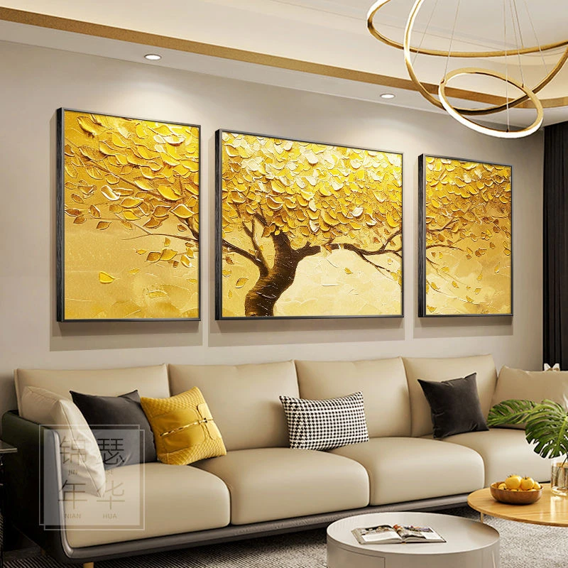 轻奢风客厅装饰画发财树高档大气沙发背景墙挂画抽象三联肌理壁画