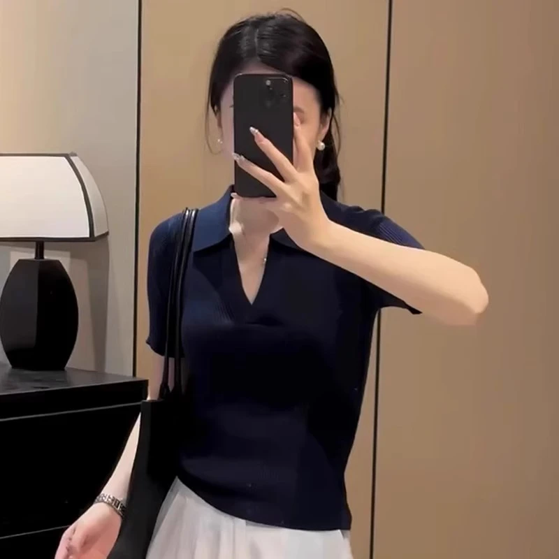 韩系简约纯色Polo领短袖小衫2025夏季新款小众设计感修身显瘦上衣
