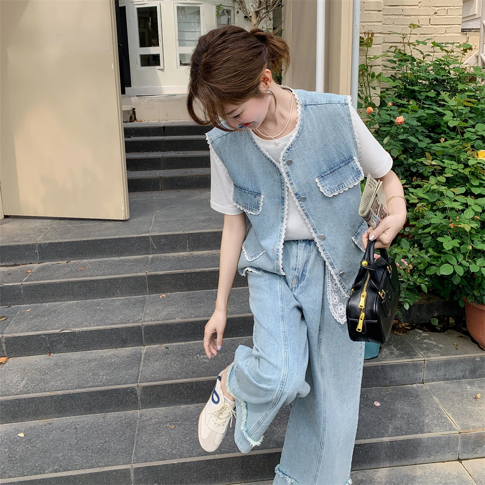 小香风蕾丝拼接马甲套装裤女春夏气质两件套减龄甜美独特漂亮超火