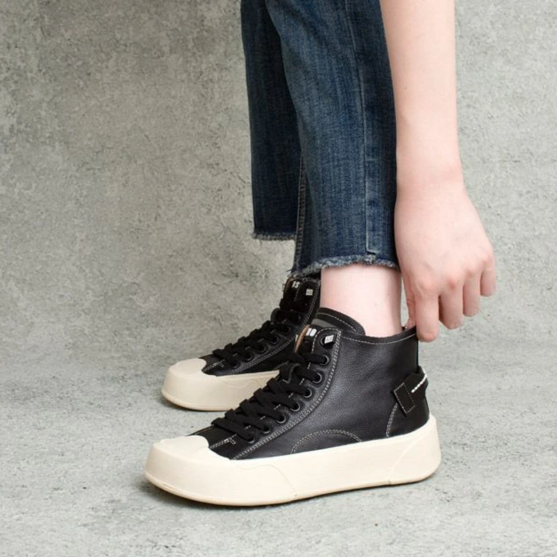 秋季款真皮英伦手工圆头套脚拼色平跟软底鞋高帮单鞋小单靴