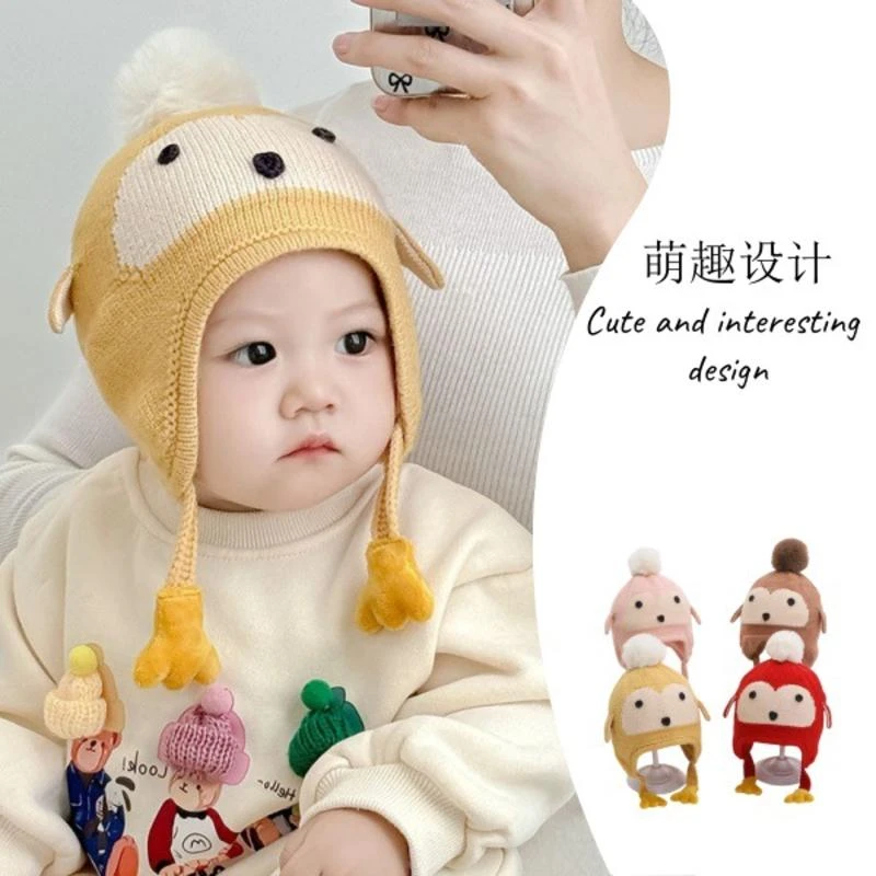 婴儿帽子秋冬季超萌可爱加绒护耳帽卡通企鹅宝宝毛线帽儿童针织帽