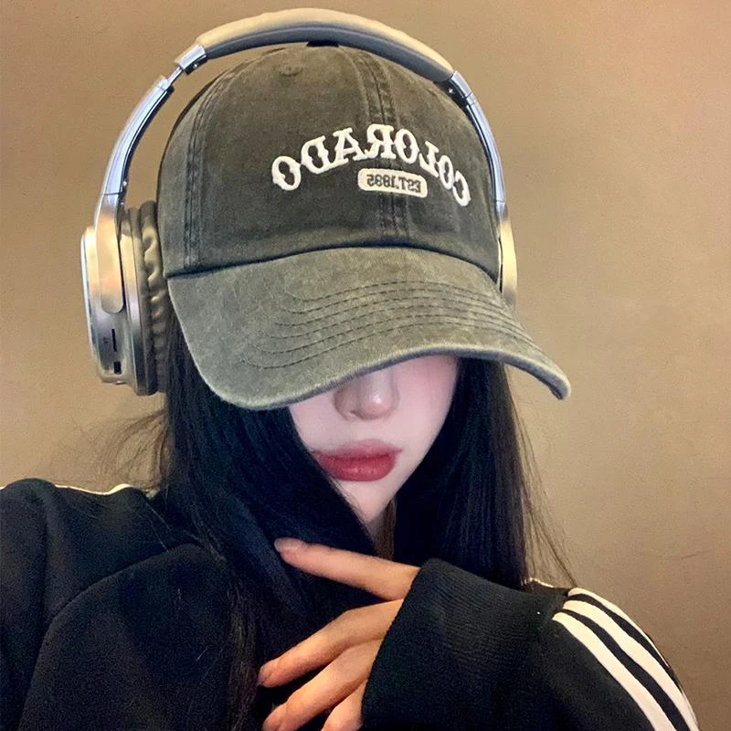 软顶大头围鸭舌帽新款美式牛仔字母刺绣棒球帽女宽帽檐大脸显脸小