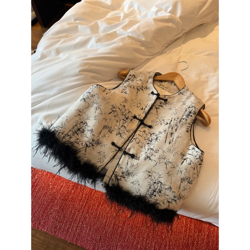 新中式90白鸭绒驼毛真毛马甲厚版中国风时尚马甲气质重工冬季女