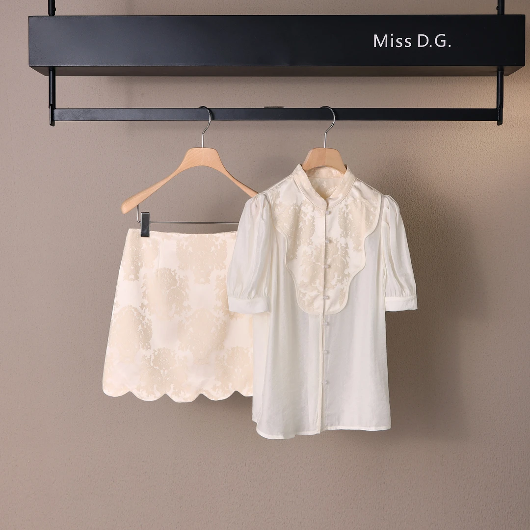MissD.G.夏季法式设计师新中式桑蚕丝衬衫上衣半裙套装NA3700