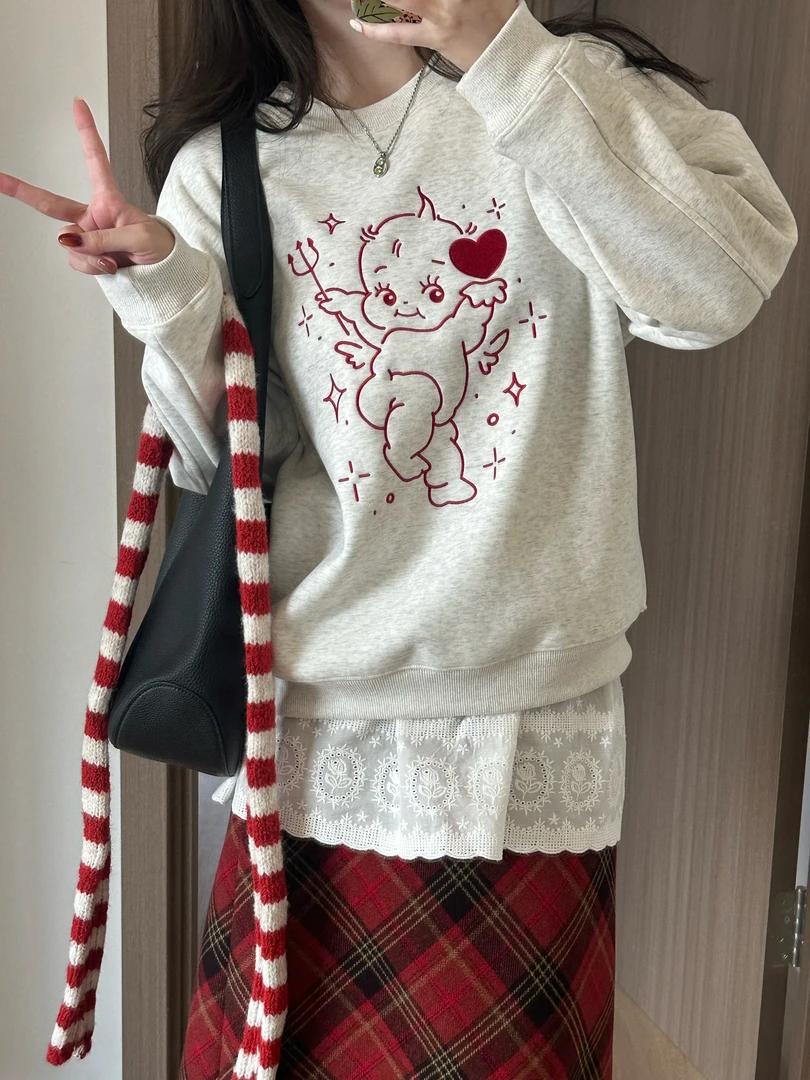 【嘎子小卖布】原创自制丘比特加绒圆领卫衣红刺绣圣诞新年可爱韩系