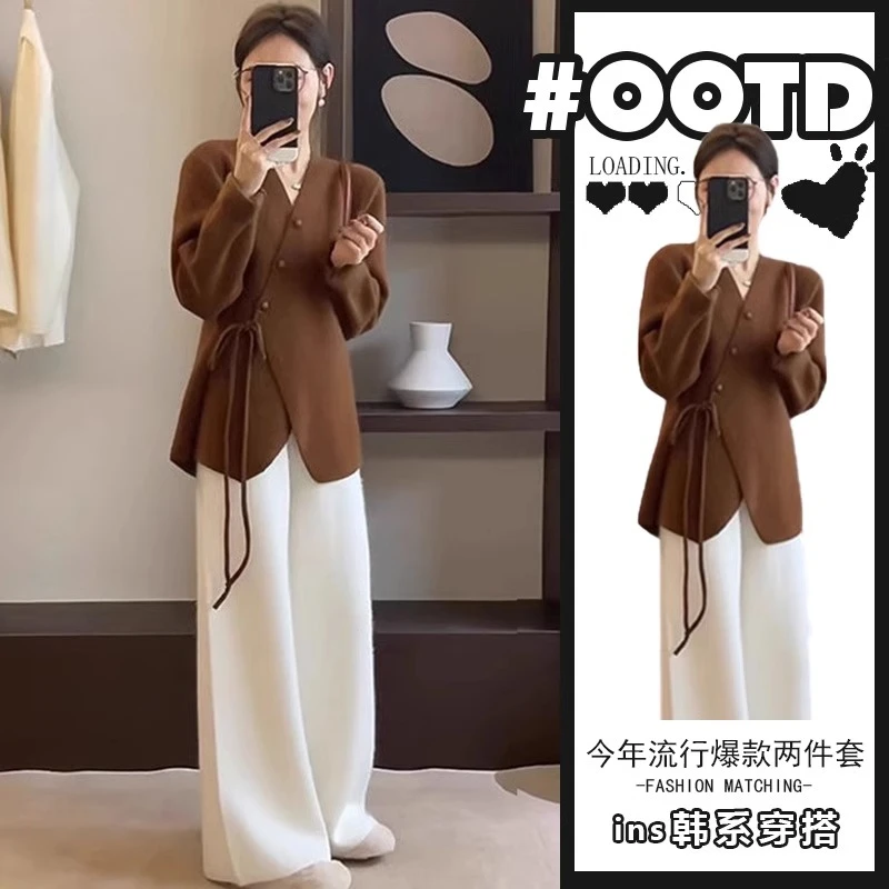 2025春秋设计感别致开衫上衣+高腰显腿长阔腿裤奶系别致两件套潮