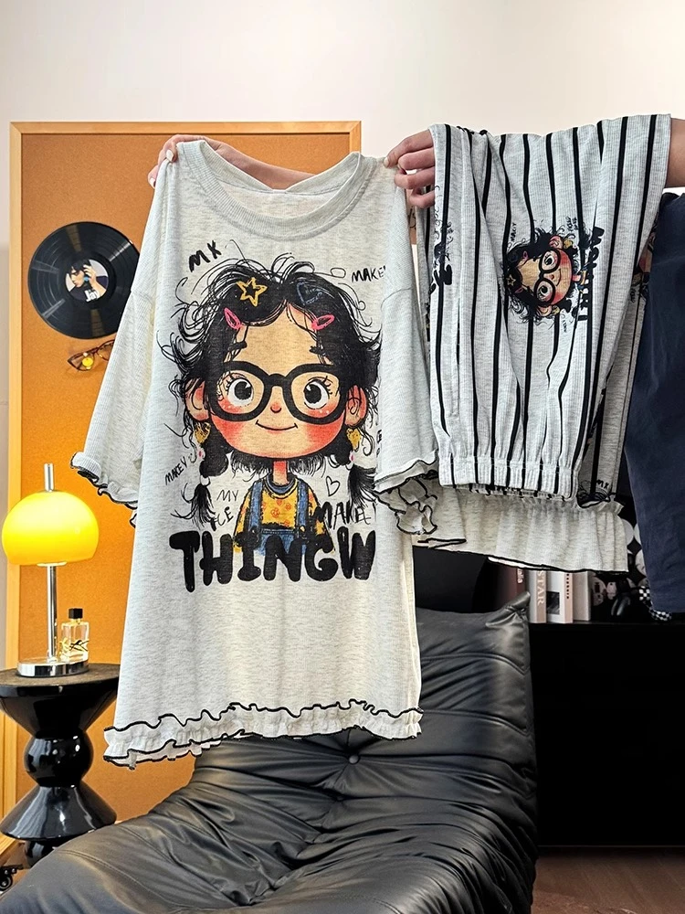 【DMXJ大梦想家】甜美卡通印花睡衣女2025款夏季舒适亲肤家居服套装