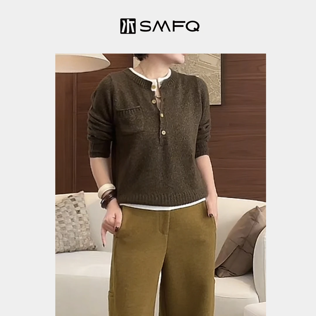 水木夫妻12支天丝羊绒假两件撞色花纱针织衫毛衣上衣