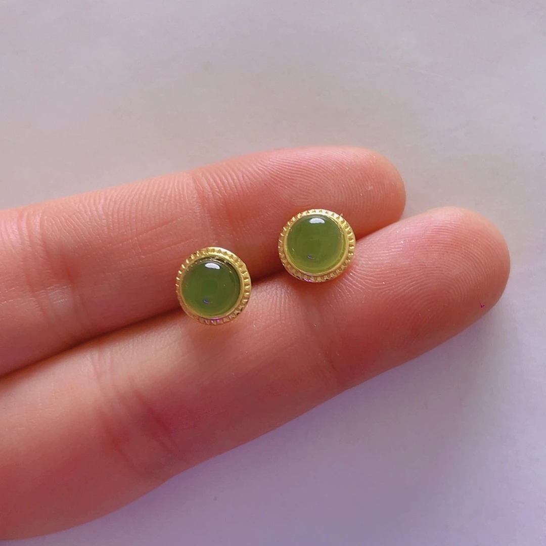 和田玉耳饰银S925镀金镶嵌