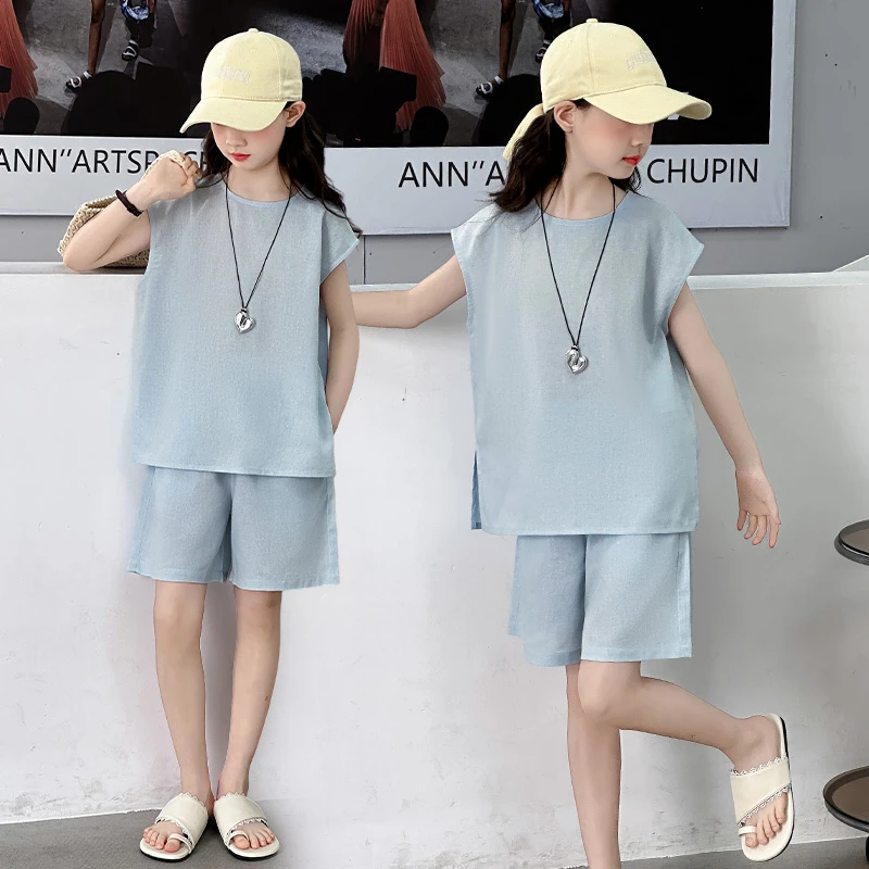 女童薄款韩版夏季纯色套头套装中大童潮流宽松洋气时尚休闲无袖