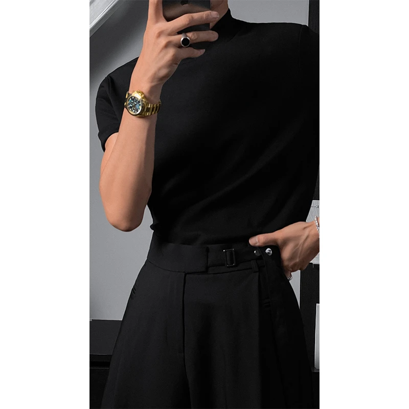 美式纯色高级感半高领短袖T恤 夏季新款潮流修身上衣男