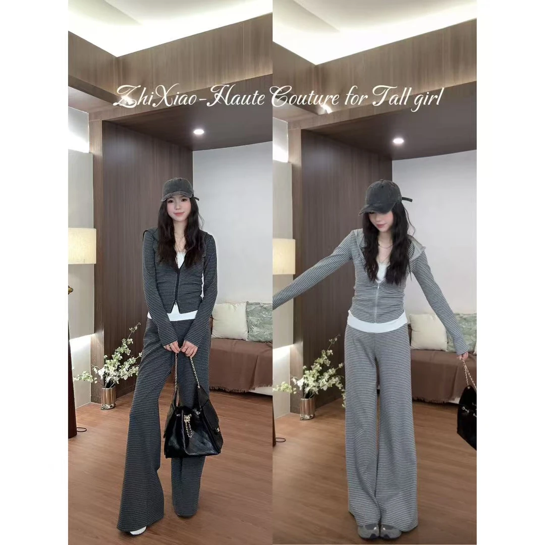 48H【慵懒周末outfit】条纹修身正肩连帽卫衣+高腰条纹裤套装25074