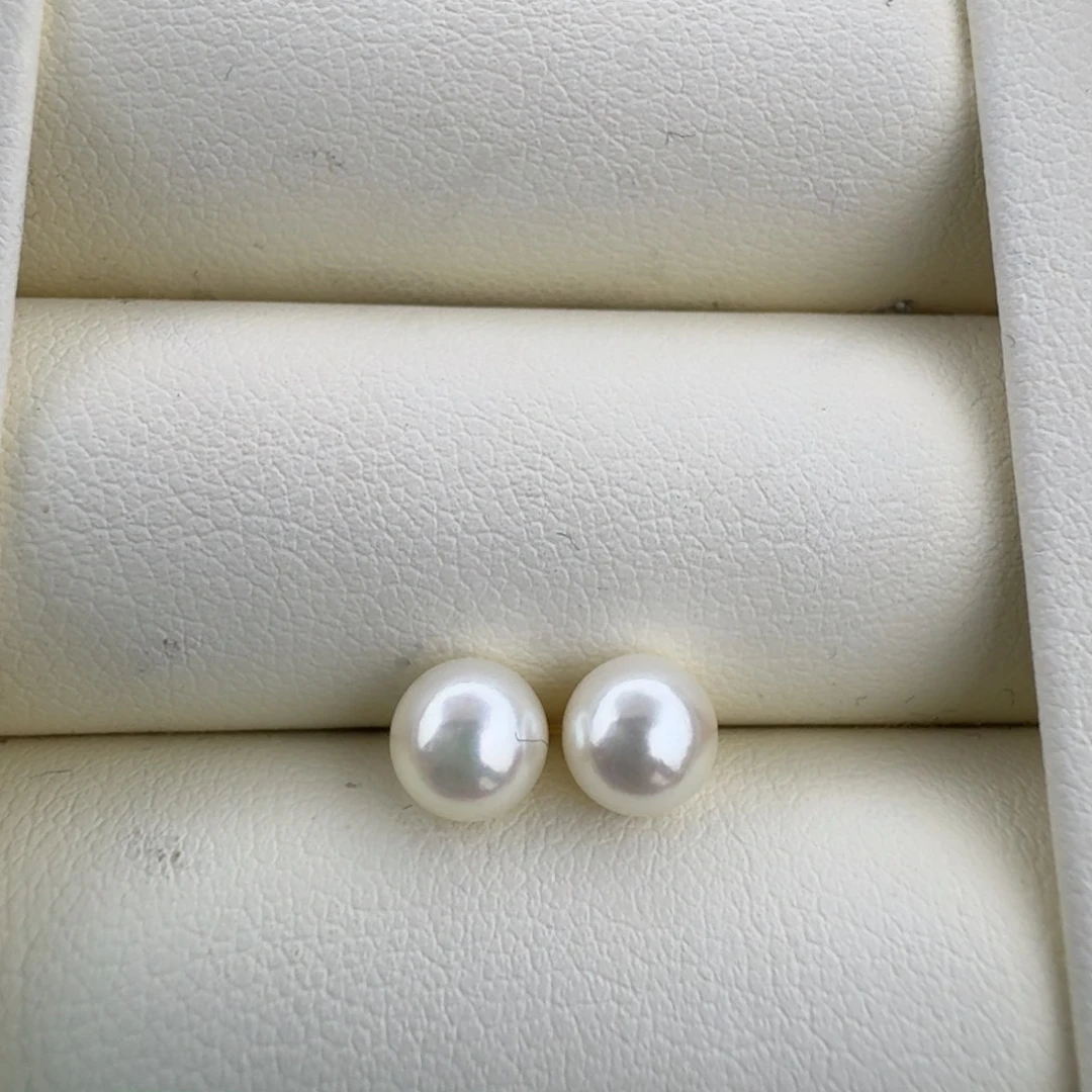 耳钉18K金镶嵌海水珍珠akoya正圆对珠素钉6-6.1mm