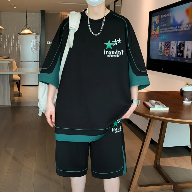 青少年新款男生潮流两件套夏季薄款短袖短裤宽松凉感休闲运动套装