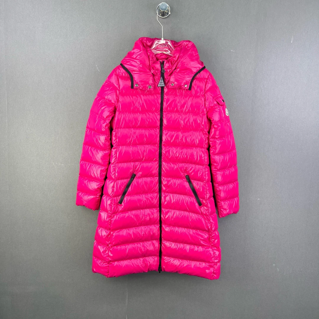 99新 MONCLER 14码/玫瑰红可拆卸修身亮面长款羽绒服/11792422