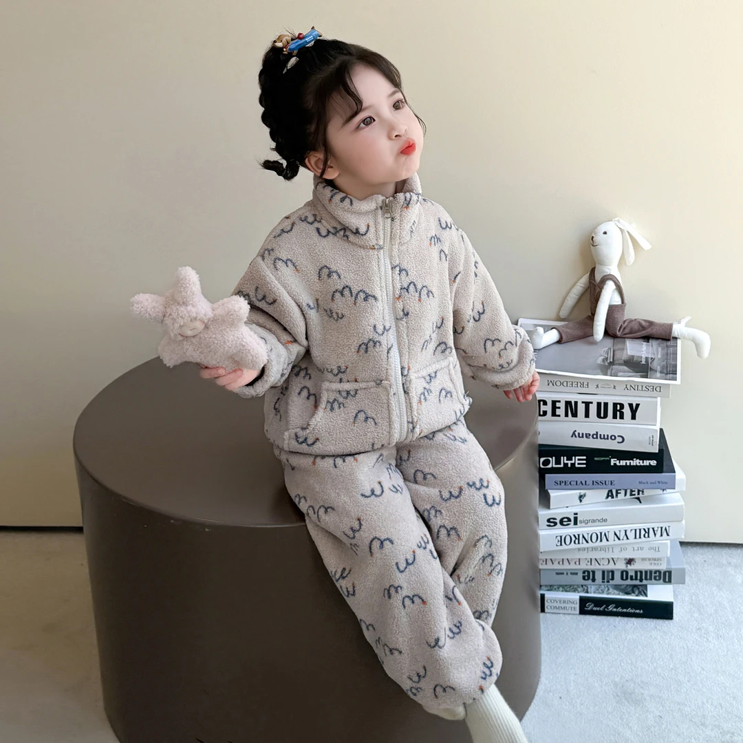 儿童睡衣家居服套装秋冬季加厚保暖珊瑚绒男女童宝宝法兰绒居家服