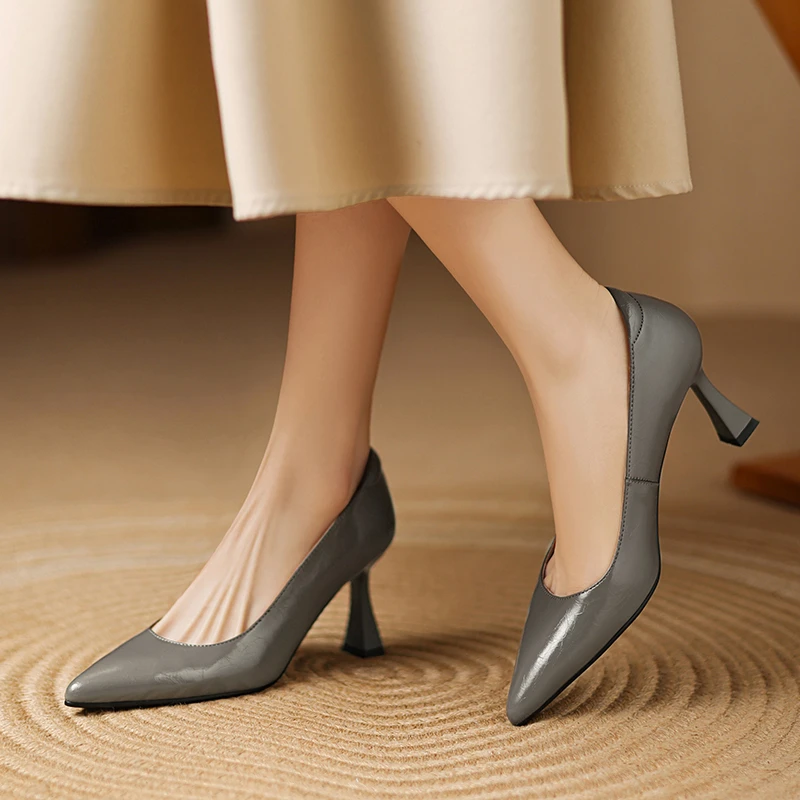 牛皮 7CM 尖头复古简约时尚浅口通勤春秋气质细跟优雅 法式单鞋