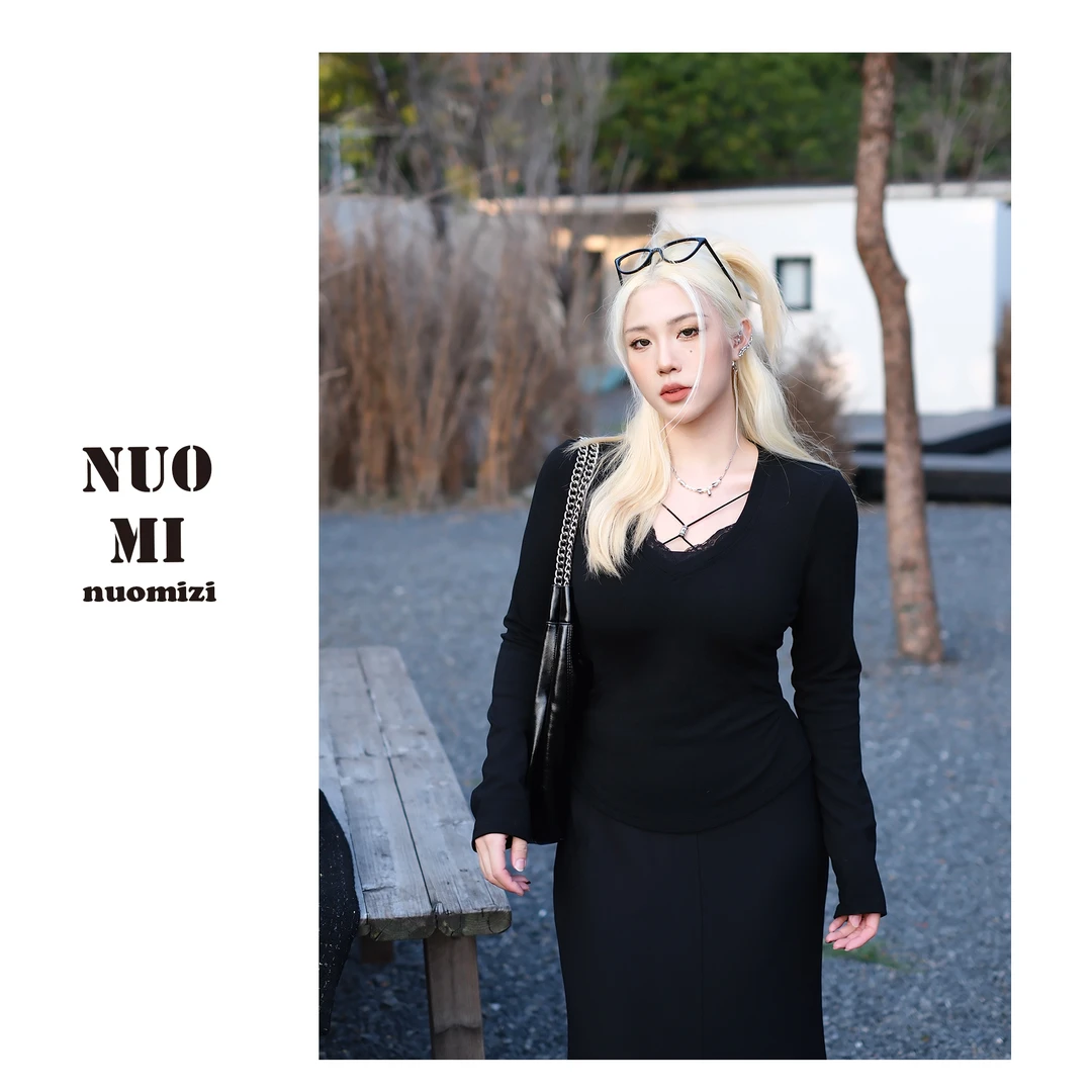 ZOZ糯米子[天使密语]V领长袖气质上衣磨毛百搭气质长袖针织T恤