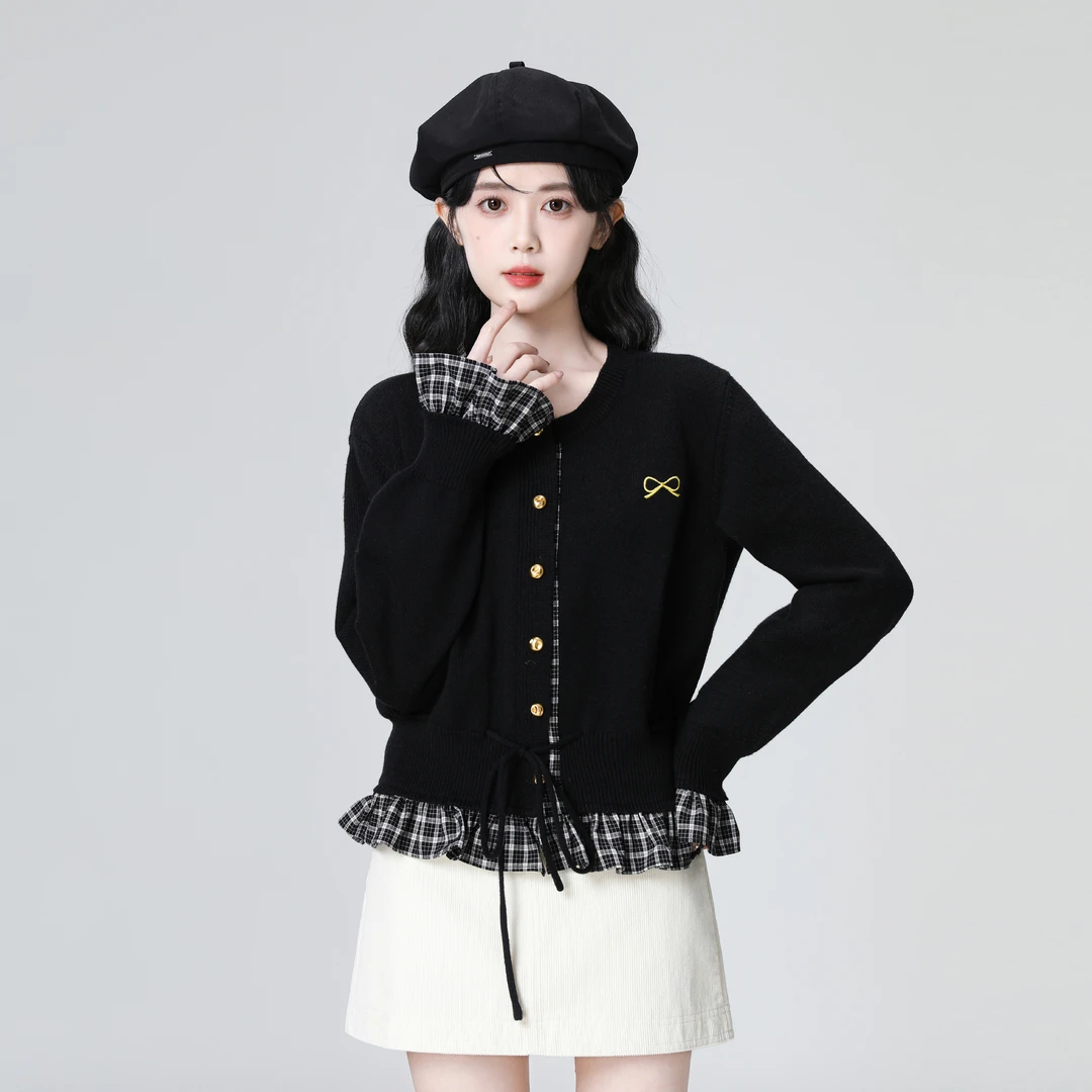 黑色假两件毛衣外套女秋2025春秋新款荷叶边系带收腰针织开衫上衣