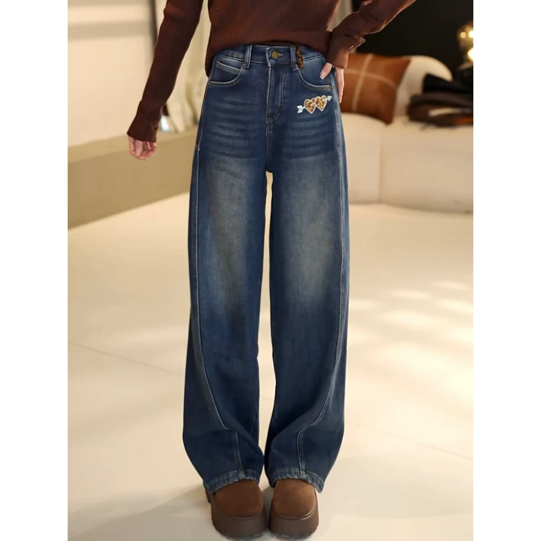 2025冬季复古高腰加绒牛仔阔腿裤女宽松直筒保暖长裤百搭休闲裤