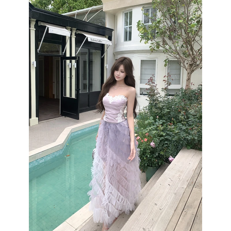 法式绝美气质一字肩蕾丝花边修身上衣重工网纱长款蛋糕半裙套装女