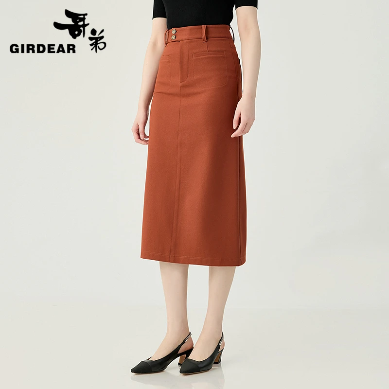 哥弟 高腰双口袋直筒半身裙气质时尚休闲显瘦纯色1200369长裙夏款