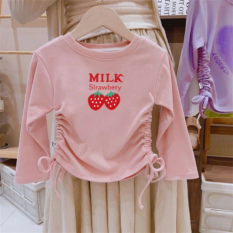 儿童秋季纯棉洋气长袖T恤短款打底时尚圆领宝宝打底衫春秋上衣