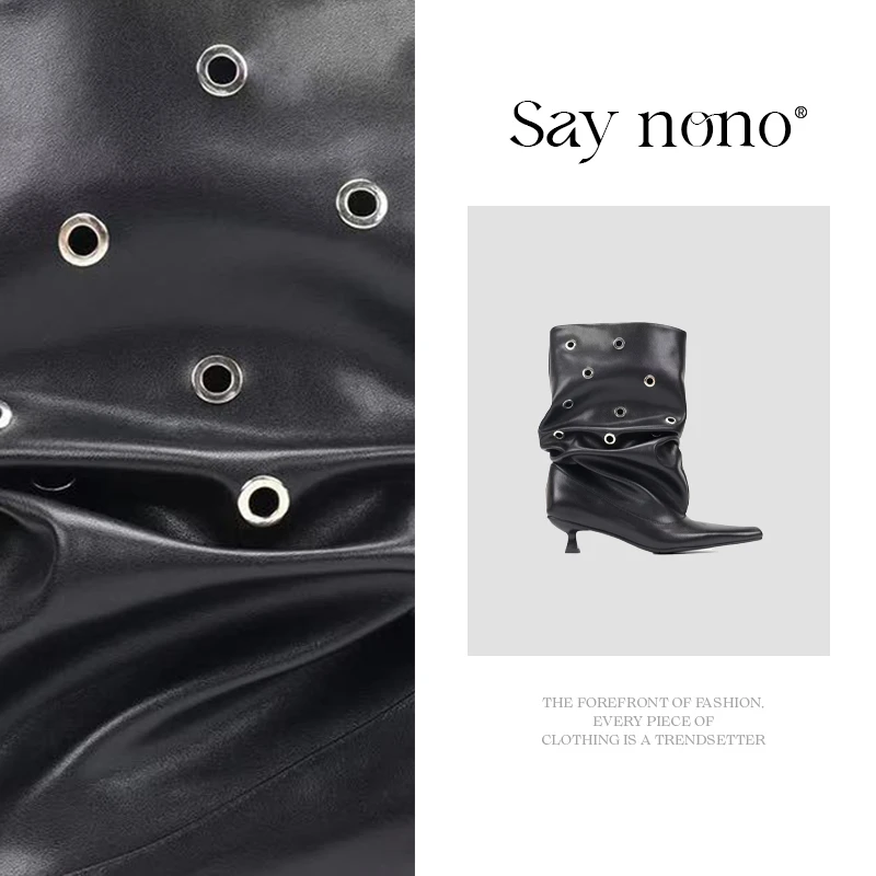 Say nono 头层牛皮搭扣尖头细跟褶皱个性时装堆堆靴4cm