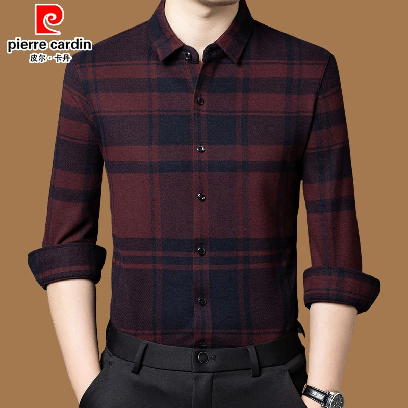 皮尔卡丹男士羊毛衬衫秋冬厚款中年男装格子冬季保暖高档加绒衬衣