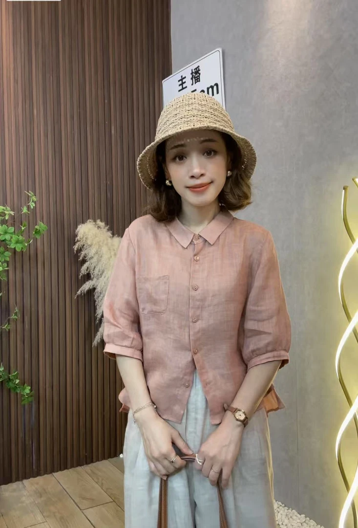 小个子苎麻衬衫2025夏季小尖领宽松休闲气质薄款中袖上衣